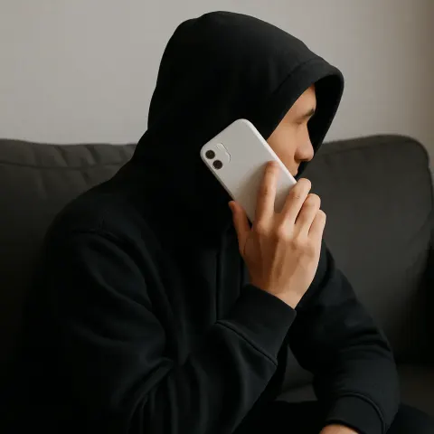 Person Wearing a Black Hoodie Holds a White Cellphone Next