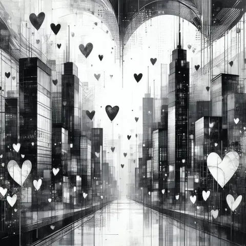 Geometric Heart Cityscape in Manga Lines