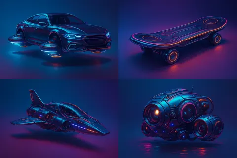 Separate Panels That Display Different Futuristic Vehicles Against a Gradient