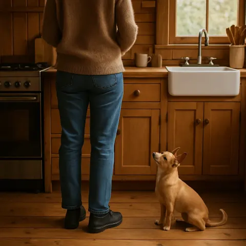 Person Is Standing in a Wooden Kitchen