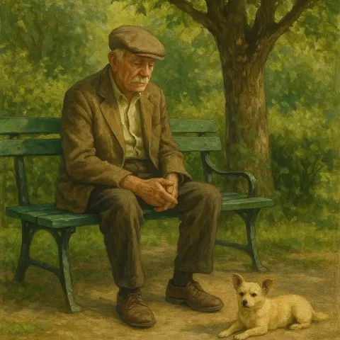 Elderly Man Sits on a Green Park Bench