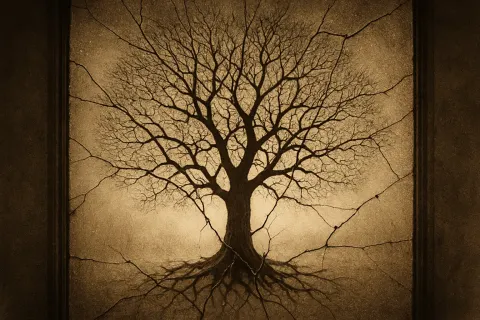 Sepia-toned Artwork Portrays the Detailed Outline of a Vast Tree