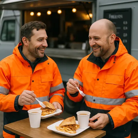 Two Individuals Wearing Vivid Orange Safety Coats Are Eating Together