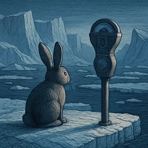 Finely Cross-hatched Wood Rabbit and Parking Meter