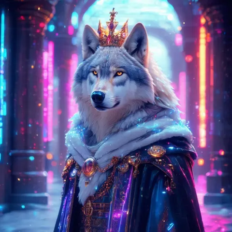 Crowned White Wolf in Neon Alley