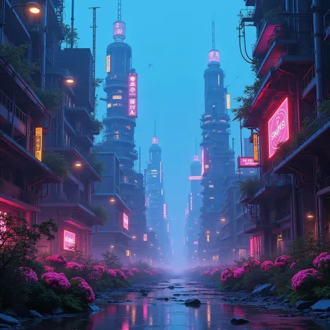Neon Flora Overgrowing Post Apocalyptic City