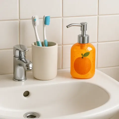 Bathroom Sink with a Toothbrush Holder and an Orange-themed Soap
