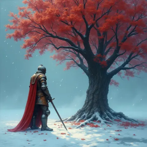 Rusted Knight Beneath Red Leaves and Ice