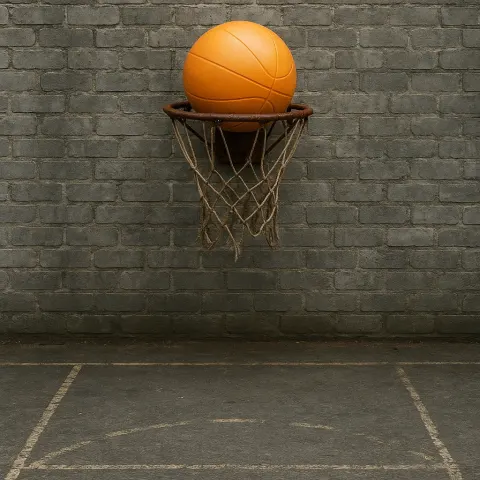 Worn and Rusted Basketball Hoop Attached to a Faded