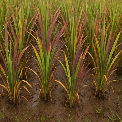 Rice Field Displaying Symptoms of Nutrient Deficiency