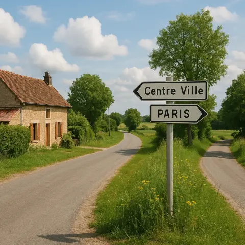 Rural Street with a Signpost Indicating Directions to "Centre Ville"