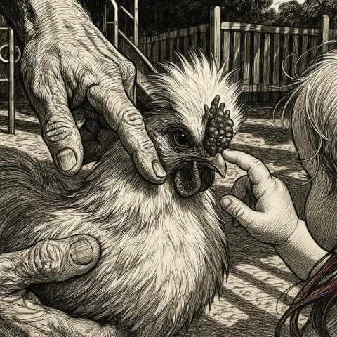 Silkie Hen's Intricate Comb—the Sharp Focus—draws a Mentor's Scarred Hand