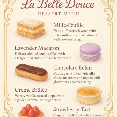 Polished and Captivating Single-page Dessert Menu for a Whimsical Parisian