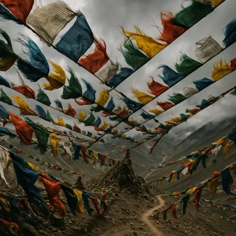 Countless Prayer Flags Flutter Violently on a High