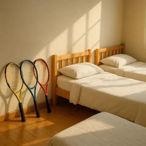 Depict a Lifelike Setting with Three Vibrant Tennis Rackets
