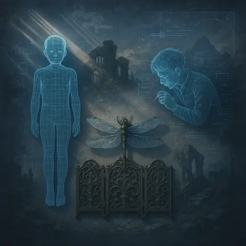 Rigidly Posed Youthful Figure Rests near Another Figure Inclined