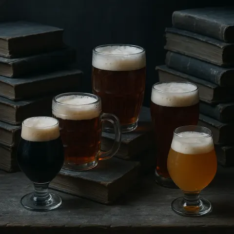 Five Diverse Beer Glasses Sprawl Chaotically Amidst Dusty Tomes