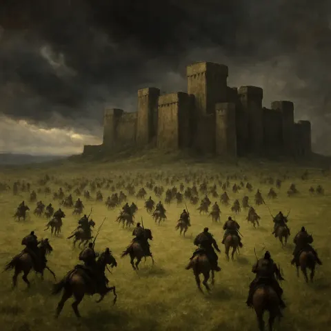 Many Distant Riders on Horseback Charge