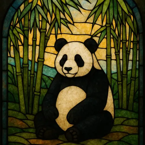 Stained Glass Artwork Depicting a Serene Panda Resting Peacefully