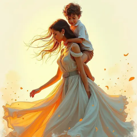 Hand Drawn Boy on Elegant Woman's Shoulders