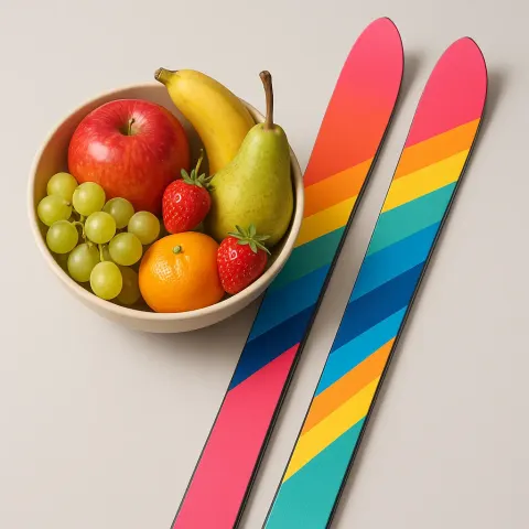Fruit-filled Bowl Positioned Next to a Vibrant Pair of Skis