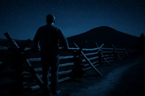 Everyman Figure Leans Contemplatively Against a Worm Fence