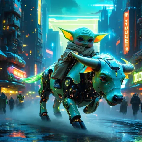 Neon Baby Yoda Rides Cybernetic Flying Bison