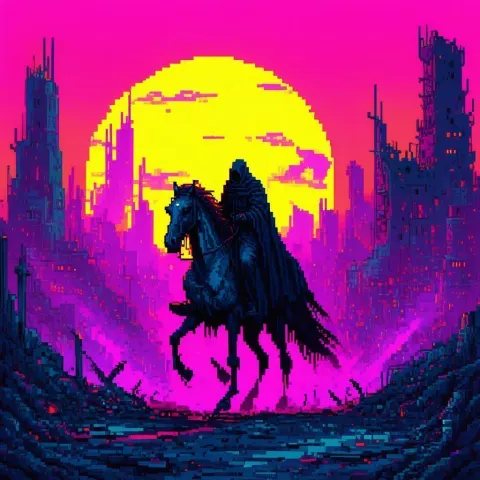 Pixel Grim Reaper Rides Through Ruined City