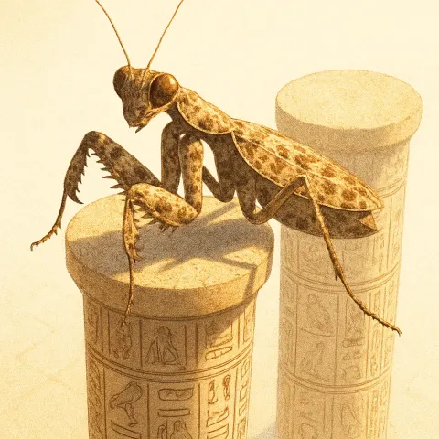 Robust Speckled Mantis on Ancient Hieroglyphic Columns