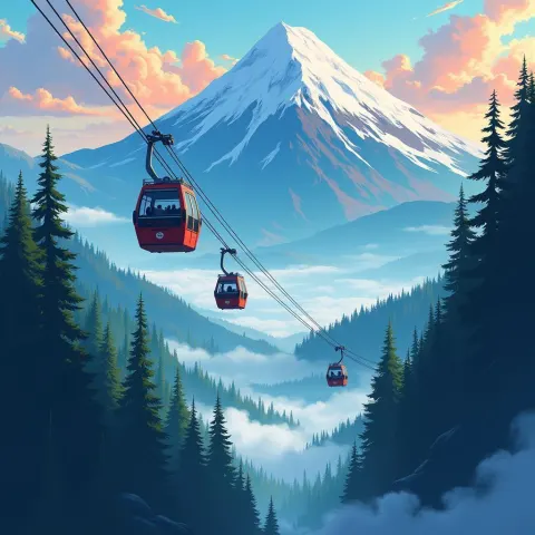 Anime Cable Cars Climbing a Mystical Mountain