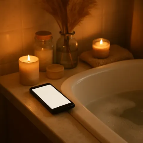 Tranquil Atmosphere Featuring a Smartphone Resting Next to a Bathtub