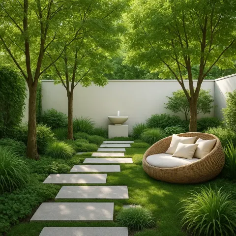 Lush Modern Garden with Stone Stepping Paths