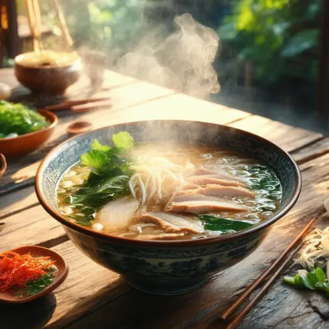 Steaming Chicken Pho on Rustic Wooden Table