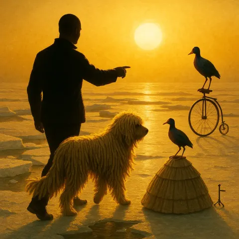 Buzz-cut Man's Silhouette Against Intense Golden Backlight Directs a Komondor