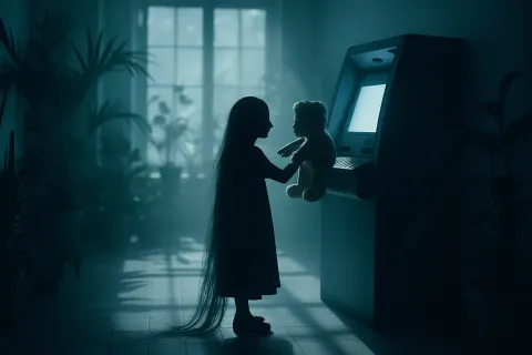Diminutive Surrealist with Floor-length Hair Gently Places a Worn Teddy