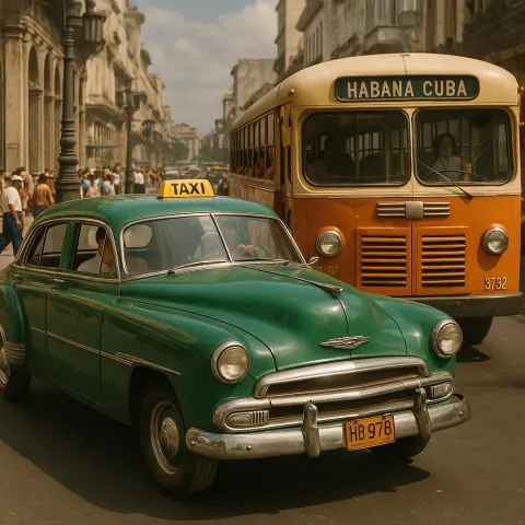 Vintage Green Taxi Car and a Public Bus with "Habana