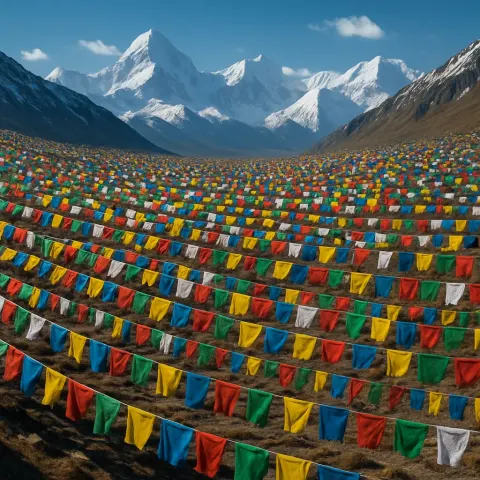 Hundreds of Distant Prayer Flags Flutter in the Wind Along