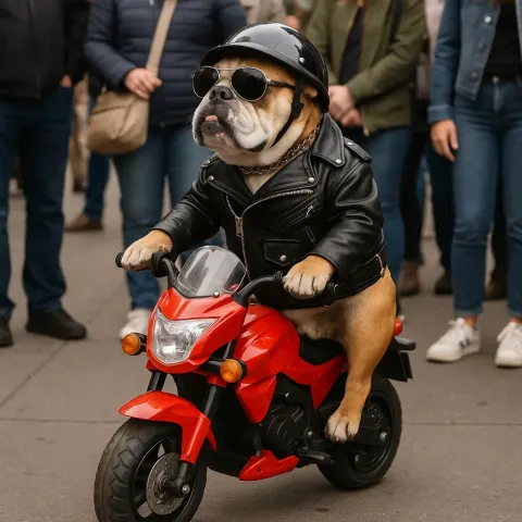 Dog Dressed in a Biker Outfit Stands