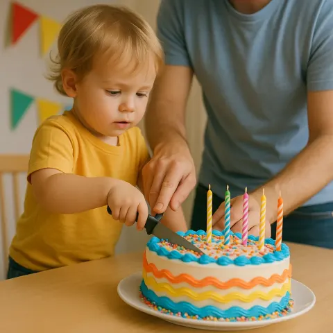 Young Child Is Cutting a Colorful Birthday Cake
