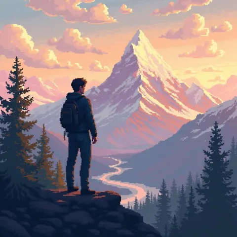 Pixel Wanderer Gazing at Distant Golden Mountain