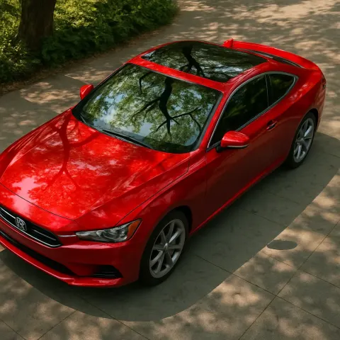 Shiny Red Coupe Parked Beneath a Tall Tree Showcases