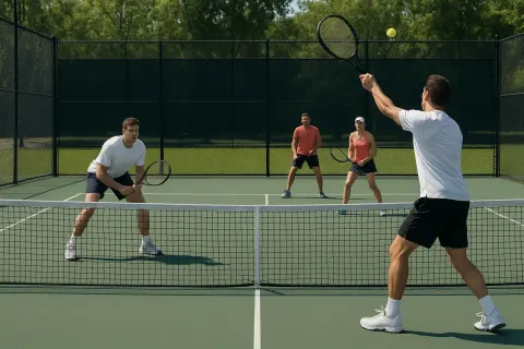 Two Teams of Players Engaged in a Doubles Tennis Match