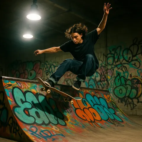 Skateboarder Performs a Trick on a Graffiti-decorated Ramp