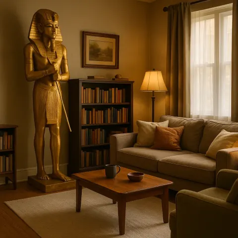Comfortable Living Space Featuring a Towering Golden Egyptian Figure