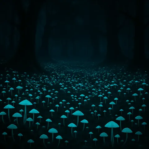 Vast Fields of Countless Bioluminescent Fungi Cast an Ethereal Glow