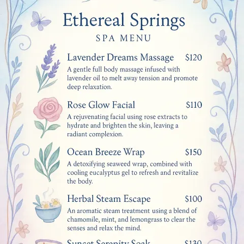 Peaceful and Enchanting Single-page Spa Menu for a Calming Wellness