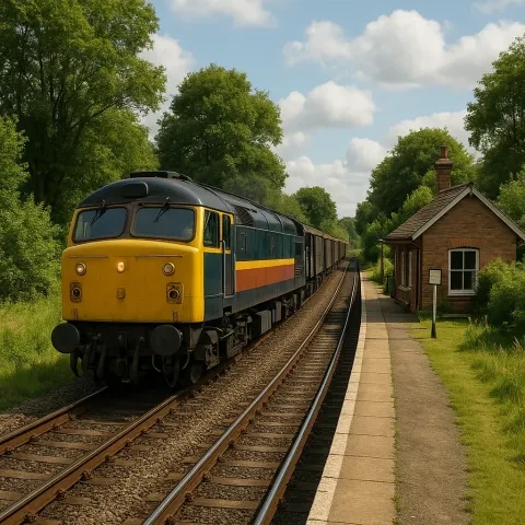 Train Engine Moving Past a Quiet Countryside Train Stop