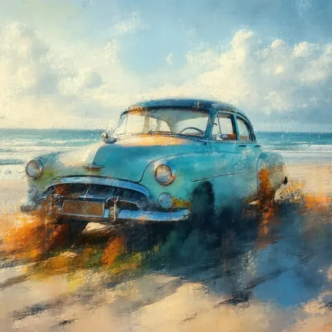 Painterly Antique Car on a Digital Beach