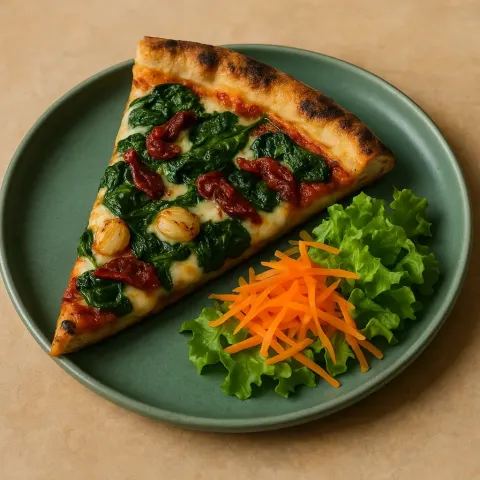 Triangular Piece of Savory Pizza Stands Upright on a Jade-green