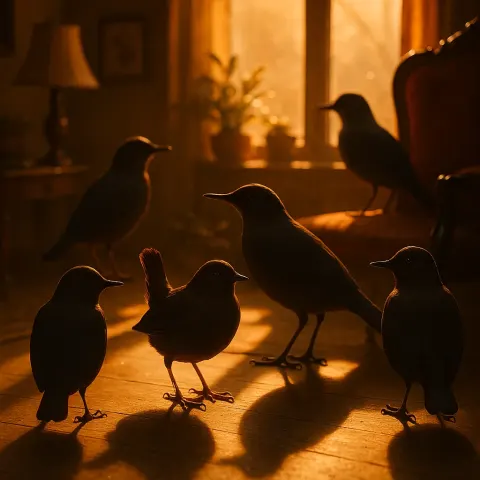 Five Water Ouzels Populate a Scene of Vintage Furniture